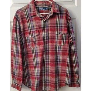 RALPH LAUREN POLO Mens X-Large Red Plaid Flannel Leather Elbow Patches VTG